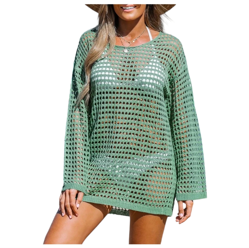 CUPSHE Crochet Cover Up Swimwear Scoop Neck Long Sleeve Boho Tunic Top Women M